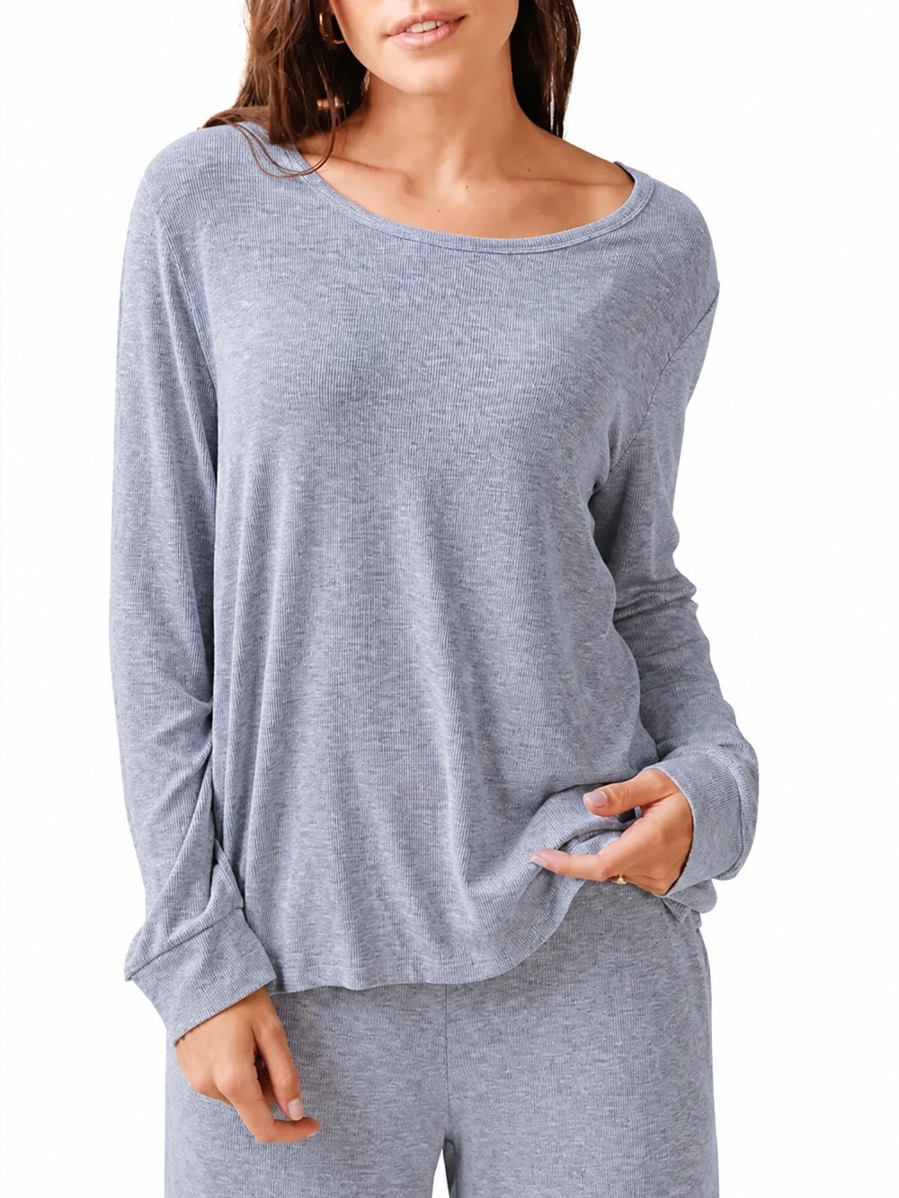 Cozy Earth Women’s Gray Bamboo Ribbed Long Sleeve Tee Top XSmall